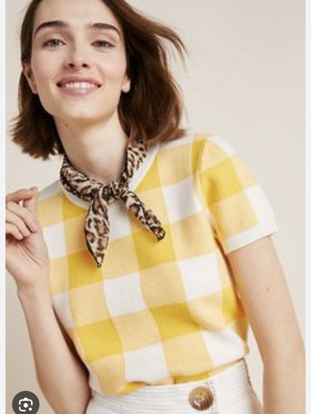 Anthropologie Yellow Gingham Spring Short Sleeve Sweater Size XL Scallop Hem